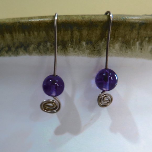 Vintage Silver Open Hook Earrings with Purple Bead - Picture 6 of 10